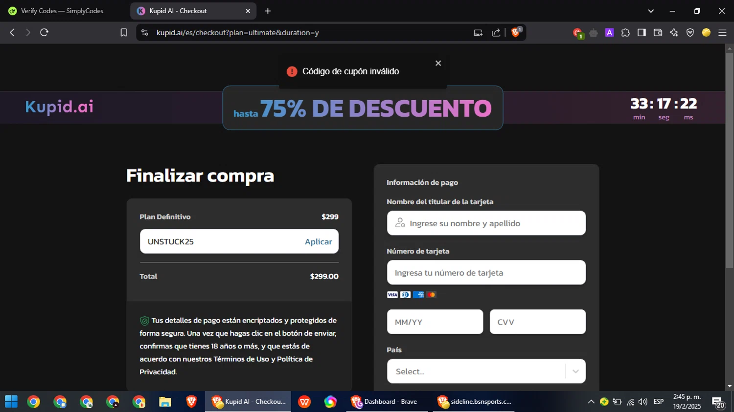 Kupid AI promo code screenshot showing code UNSTUCK25 applied at Kupid AI checkout page. Uploaded by SimplyCodes community member RebateRanger5627 on Feb 19, 2025