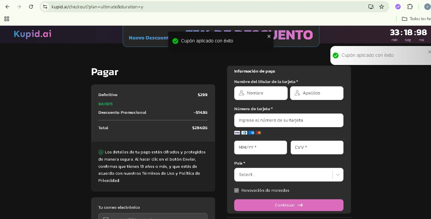 Kupid AI checkout page showing Kupid AI promo code box | Screenshot taken by SimplyCodes community member on May 29, 2025