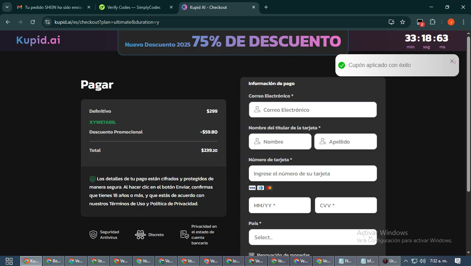 Kupid AI promo code screenshot showing code XYWETARIL applied at Kupid AI checkout page. Uploaded by SimplyCodes community member NobleAce2304 on Nov 30, 2025
