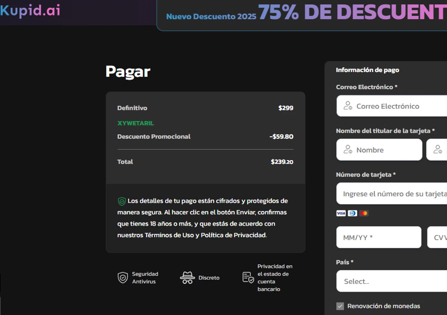 Kupid AI promo code screenshot showing code XYWETARIL applied at Kupid AI checkout page. Uploaded by SimplyCodes community member Olorinnnnn on Oct 31, 2025
