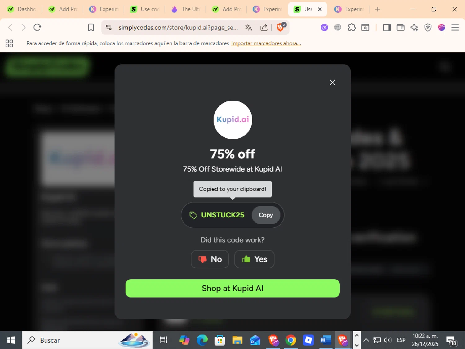 Kupid AI promo code screenshot showing code UNSTUCK25 applied at Kupid AI checkout page. Uploaded by SimplyCodes community member ANDREWW on Dec 26, 2025