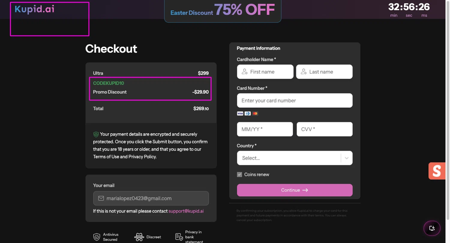 Kupid AI promo code screenshot showing code CODEKUPID10 applied at Kupid AI checkout page. Uploaded by SimplyCodes community member mrdarcy on May 7, 2026