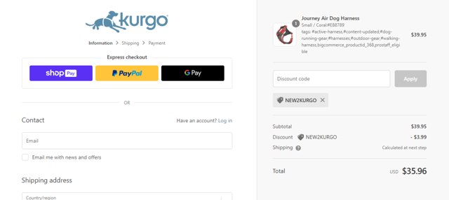 Kurgo checkout page showing Kurgo promo code box | Screenshot taken by SimplyCodes community member on May 30, 2024