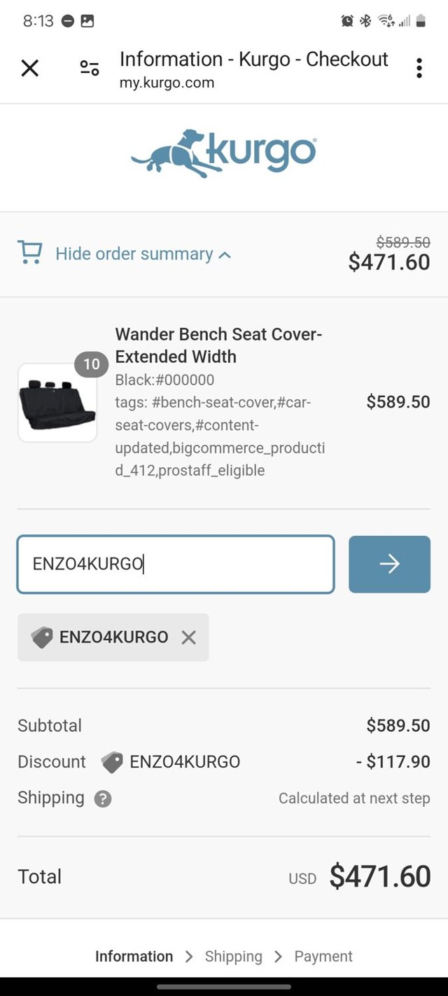 Kurgo checkout page showing Kurgo promo code box | Screenshot taken by SimplyCodes community member on Jul 4, 2024