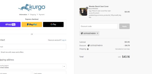 Kurgo checkout page showing Kurgo promo code box | Screenshot taken by SimplyCodes community member on Apr 3, 2024