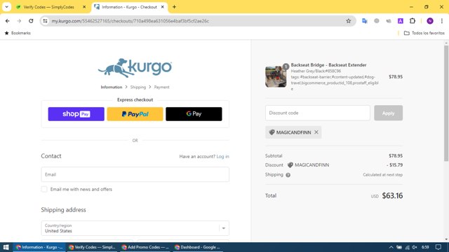 Kurgo checkout page showing Kurgo promo code box | Screenshot taken by SimplyCodes community member on May 20, 2024
