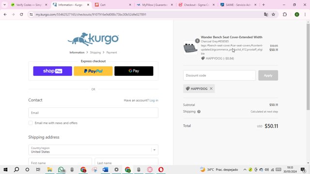 Kurgo checkout page showing Kurgo promo code box | Screenshot taken by SimplyCodes community member on May 30, 2024