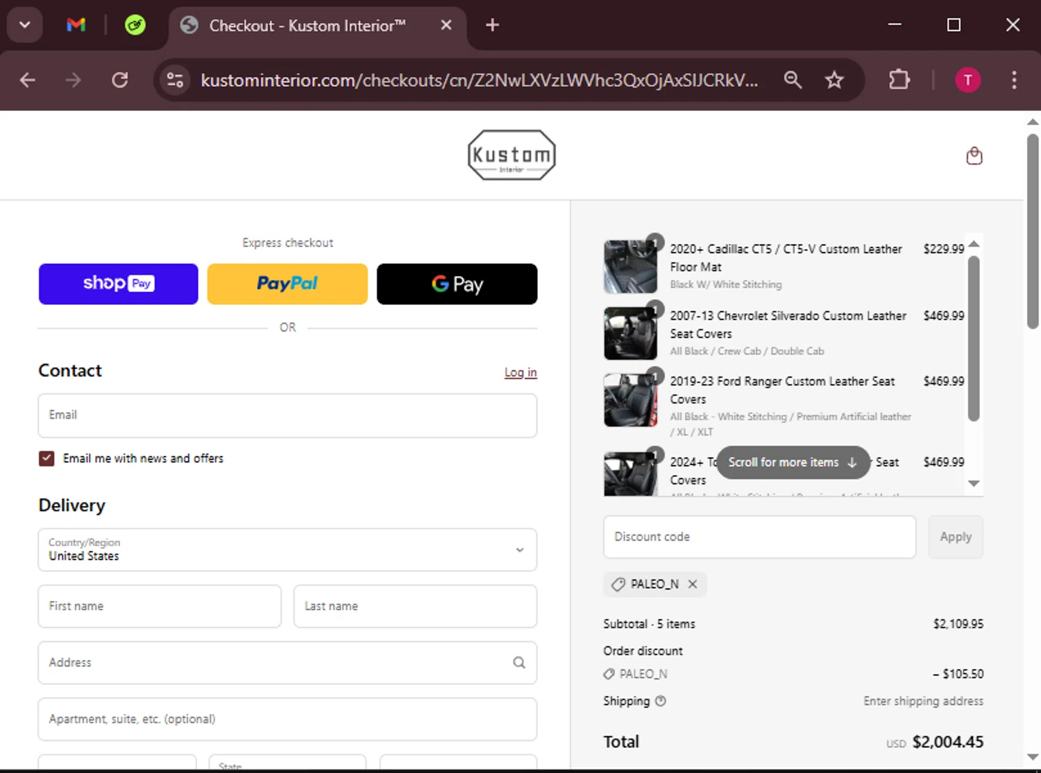 Kustom Interior discount code screenshot showing code PALEO_N applied at Kustom Interior checkout page. Uploaded by SimplyCodes community member WiseScout3498 on Apr 8, 2025