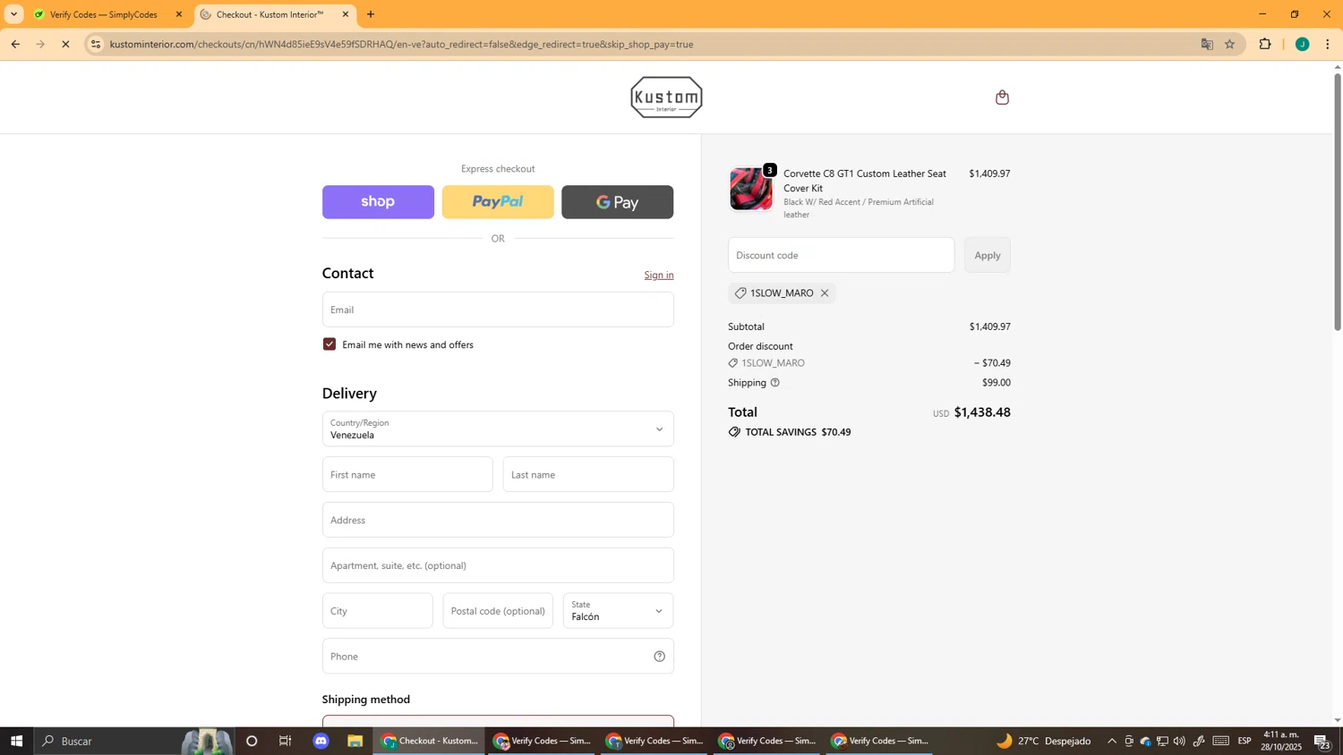 Kustom Interior discount code screenshot showing code 1slow_maro applied at Kustom Interior checkout page. Uploaded by SimplyCodes community member DealScout5970 on Oct 28, 2025