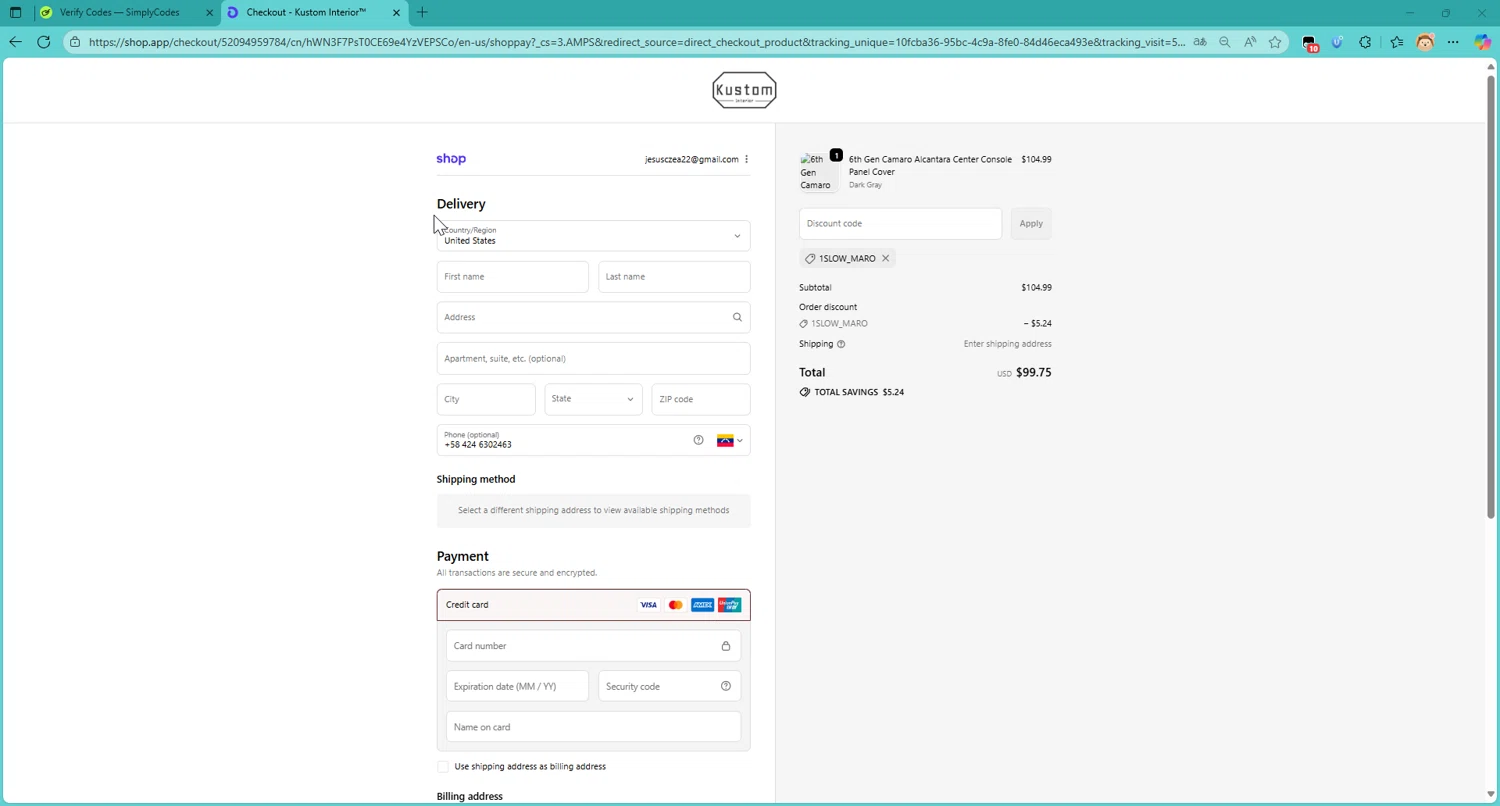 Kustom Interior discount code screenshot showing code 1slow_maro applied at Kustom Interior checkout page. Uploaded by SimplyCodes community member DonutPunks on Sep 21, 2025