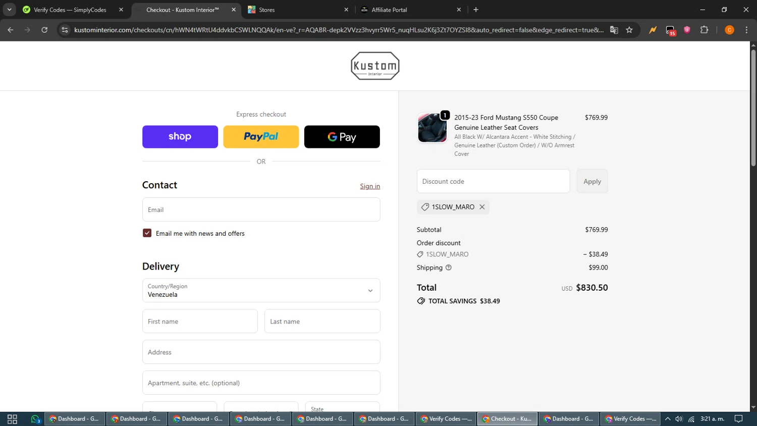 Kustom Interior discount code screenshot showing code 1slow_maro applied at Kustom Interior checkout page. Uploaded by SimplyCodes community member guest_192805448 on Nov 4, 2025