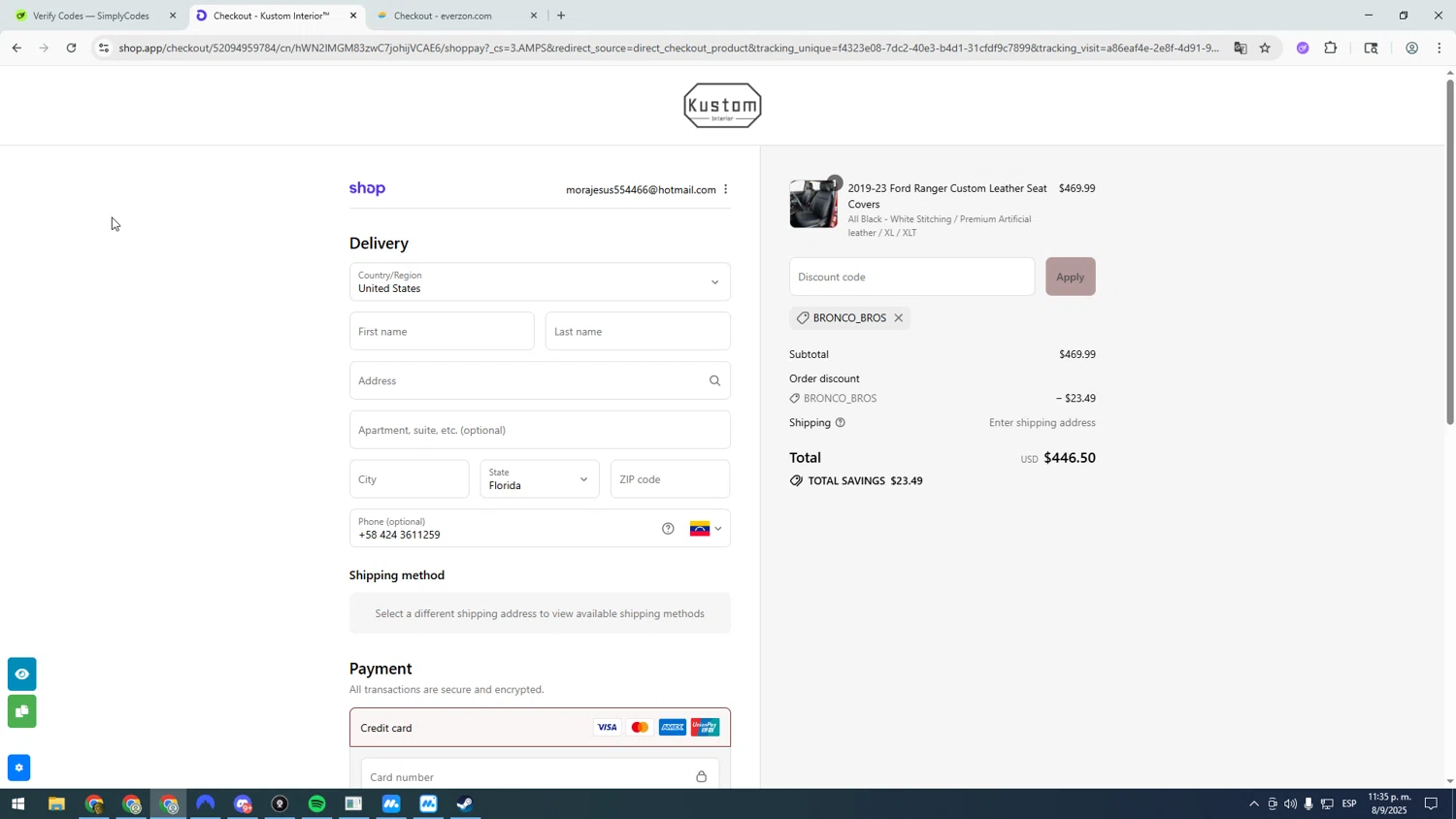 Kustom Interior discount code screenshot showing code BRONCO_BROS applied at Kustom Interior checkout page. Uploaded by SimplyCodes community member asdasdasd on Sep 9, 2025