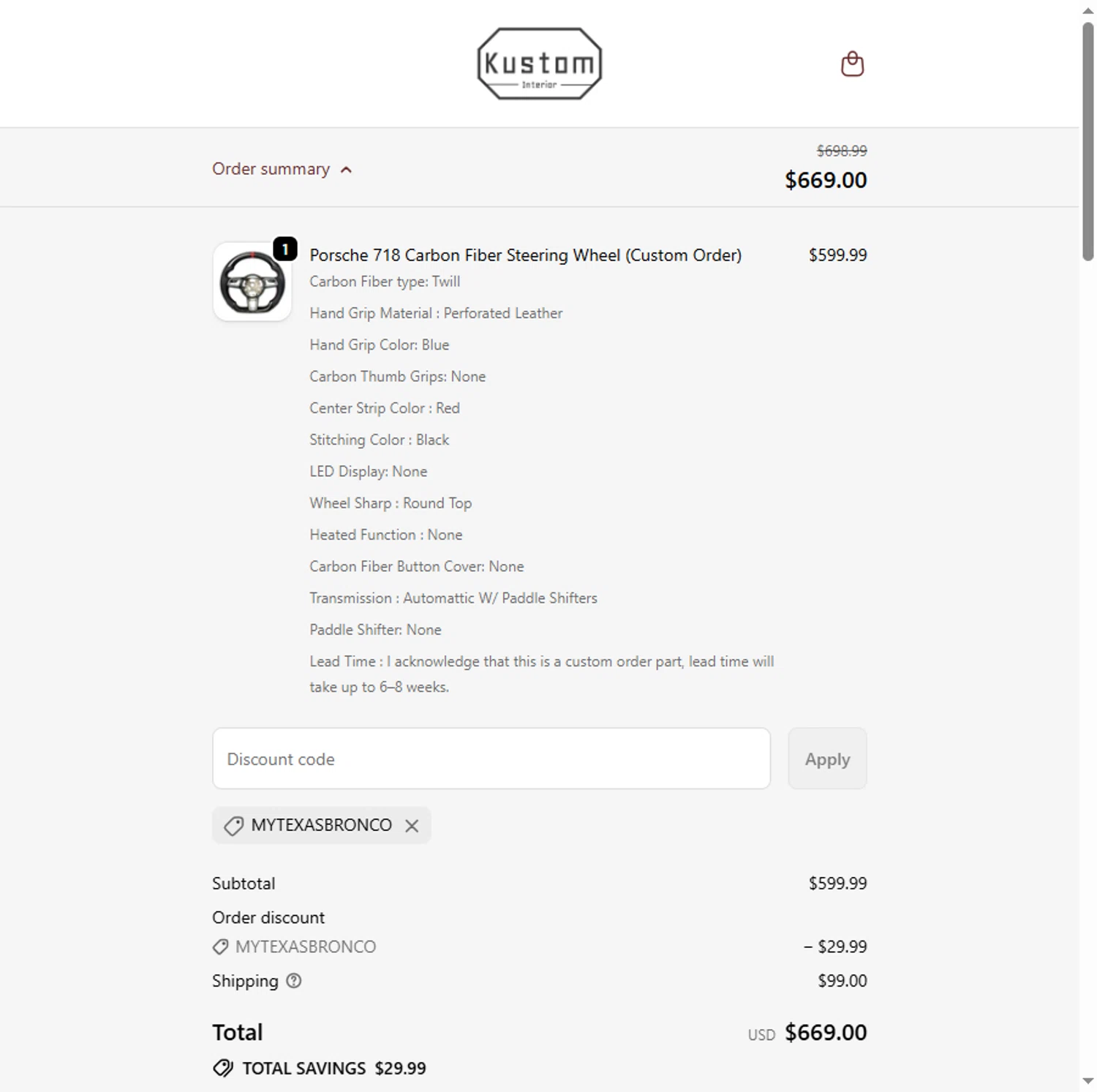 Kustom Interior discount code screenshot showing code MYTEXASBRONCO applied at Kustom Interior checkout page. Uploaded by SimplyCodes community member Leannysv7lla on Nov 10, 2025