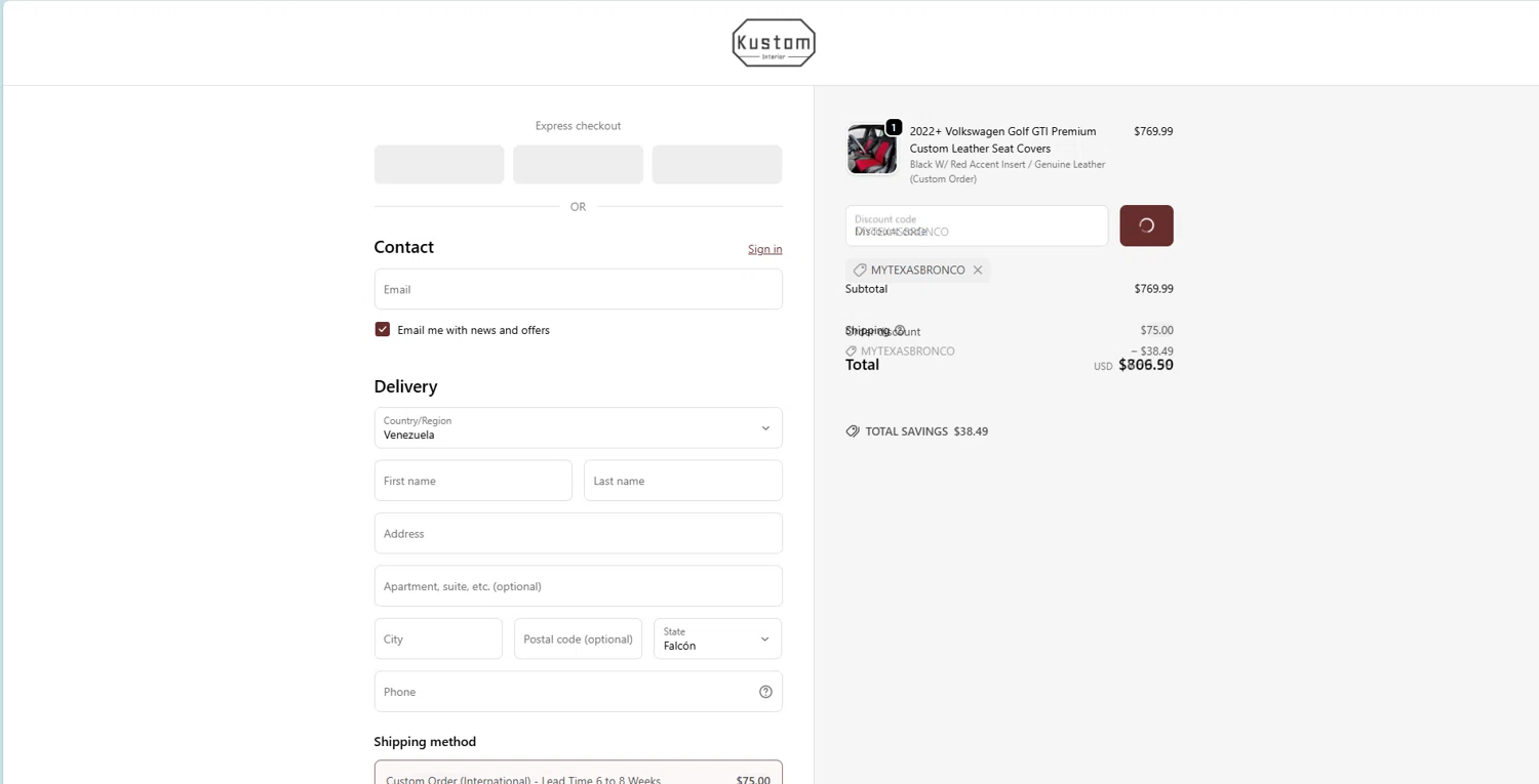Kustom Interior discount code screenshot showing code MYTEXASBRONCO applied at Kustom Interior checkout page. Uploaded by SimplyCodes community member STEVE20 on Oct 28, 2025