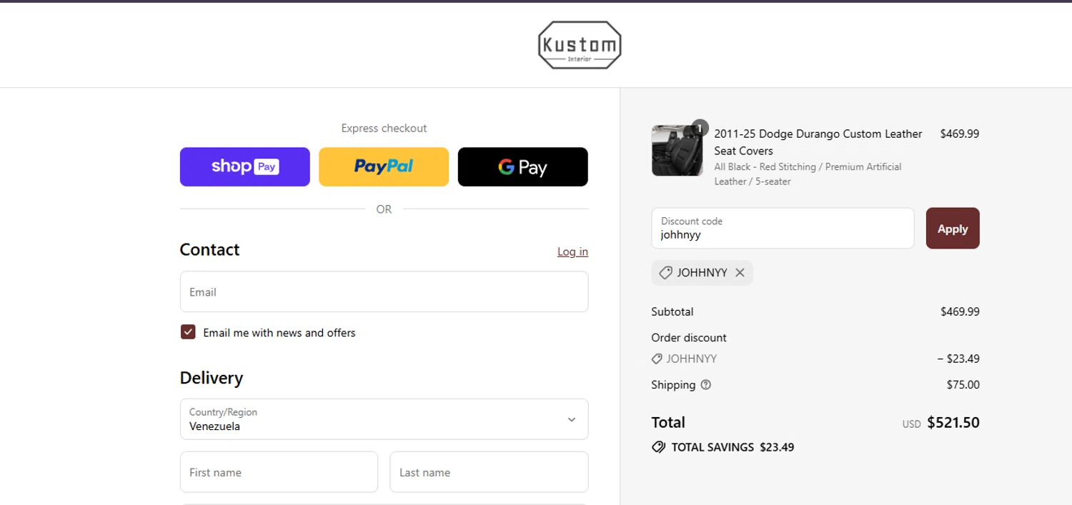 Kustom Interior discount code screenshot showing code JOHHNYY applied at Kustom Interior checkout page. Uploaded by SimplyCodes community member ashe1986 on Jul 29, 2025