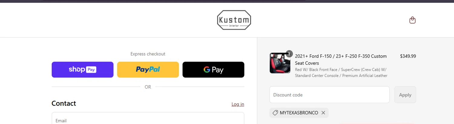 Kustom Interior discount code screenshot showing code MYTEXASBRONCO applied at Kustom Interior checkout page. Uploaded by SimplyCodes community member ashe1986 on May 16, 2025