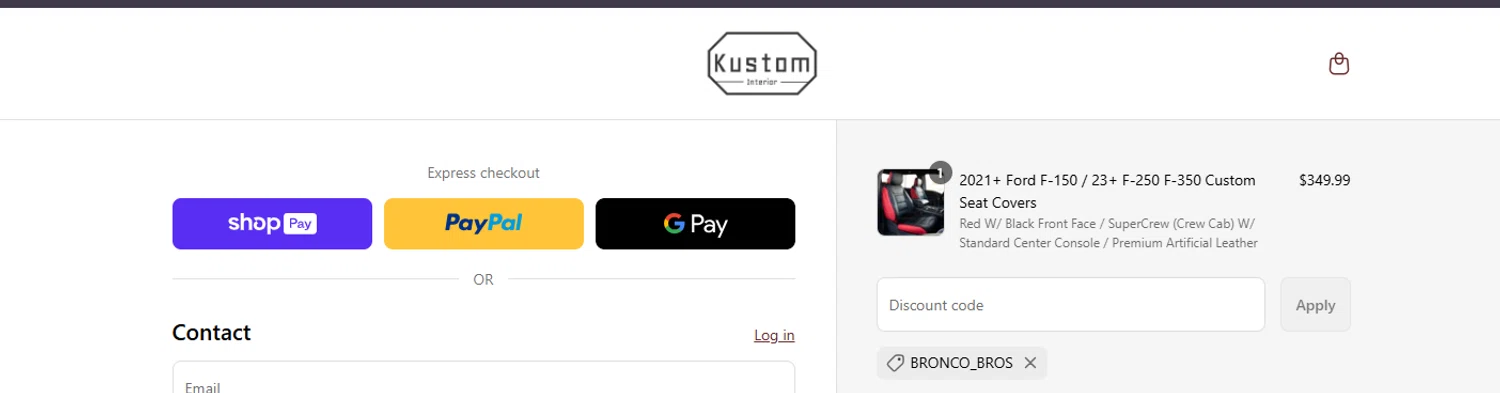 Kustom Interior discount code screenshot showing code BRONCO_BROS applied at Kustom Interior checkout page. Uploaded by SimplyCodes community member ashe1986 on May 16, 2025