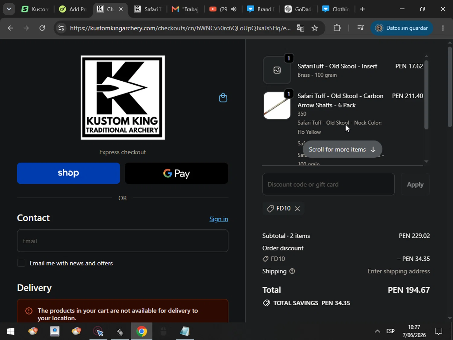 Kustom King Archery promo code screenshot showing code FD10 applied at Kustom King Archery checkout page. Uploaded by SimplyCodes community member MarcosAranguren on Jun 7, 2026