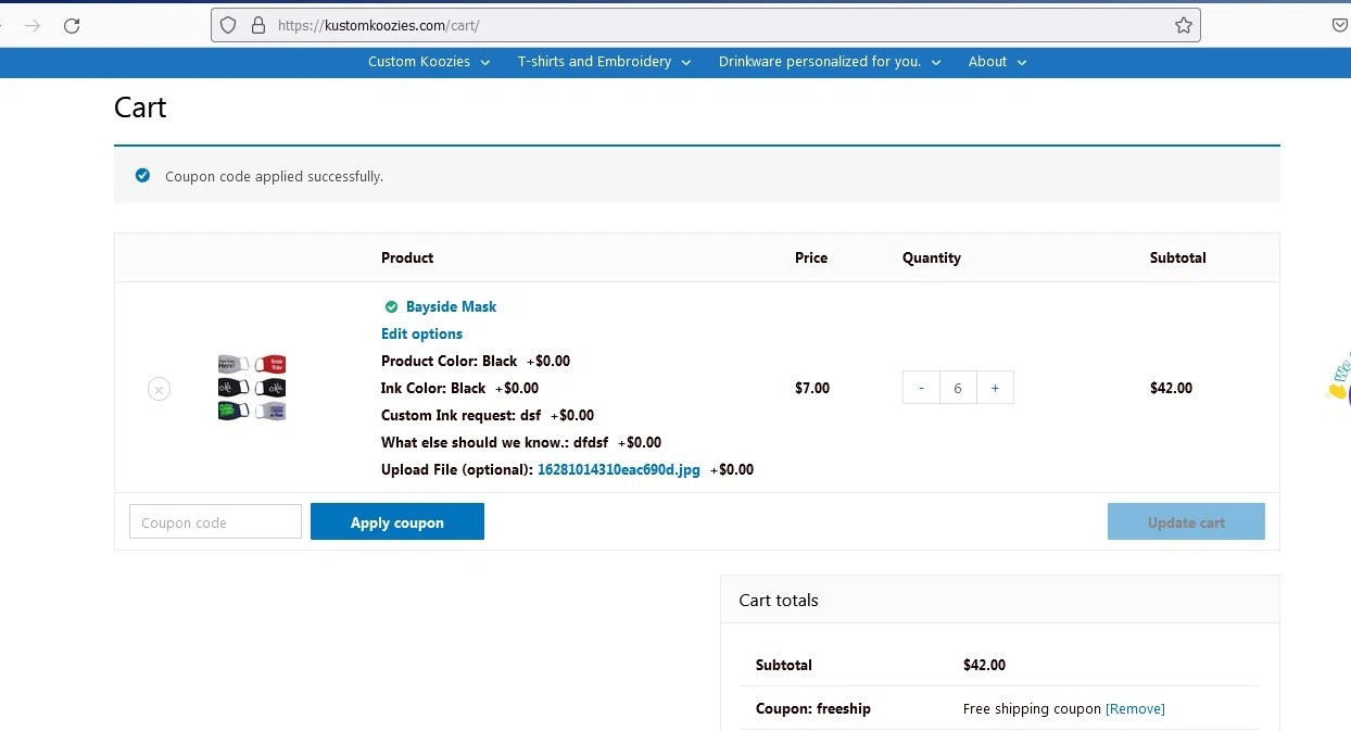 Kustom Koozies checkout page showing Kustom Koozies promo code box | Screenshot taken by SimplyCodes community member on Aug 4, 2021