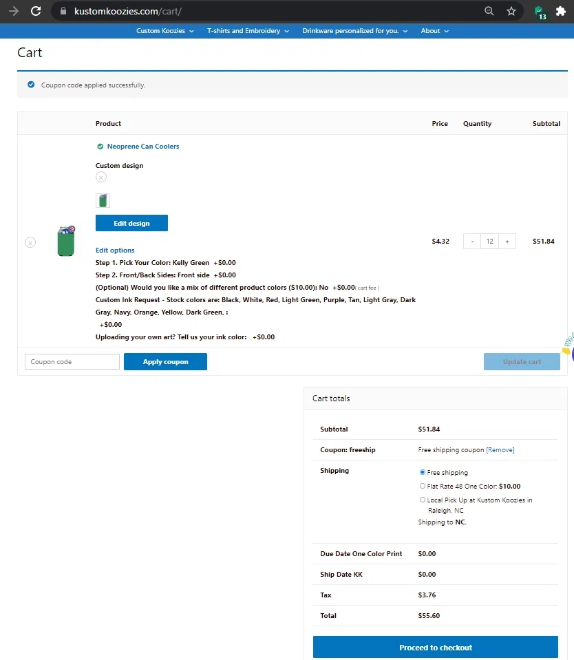 Kustom Koozies checkout page showing Kustom Koozies promo code box | Screenshot taken by SimplyCodes community member on Oct 30, 2021