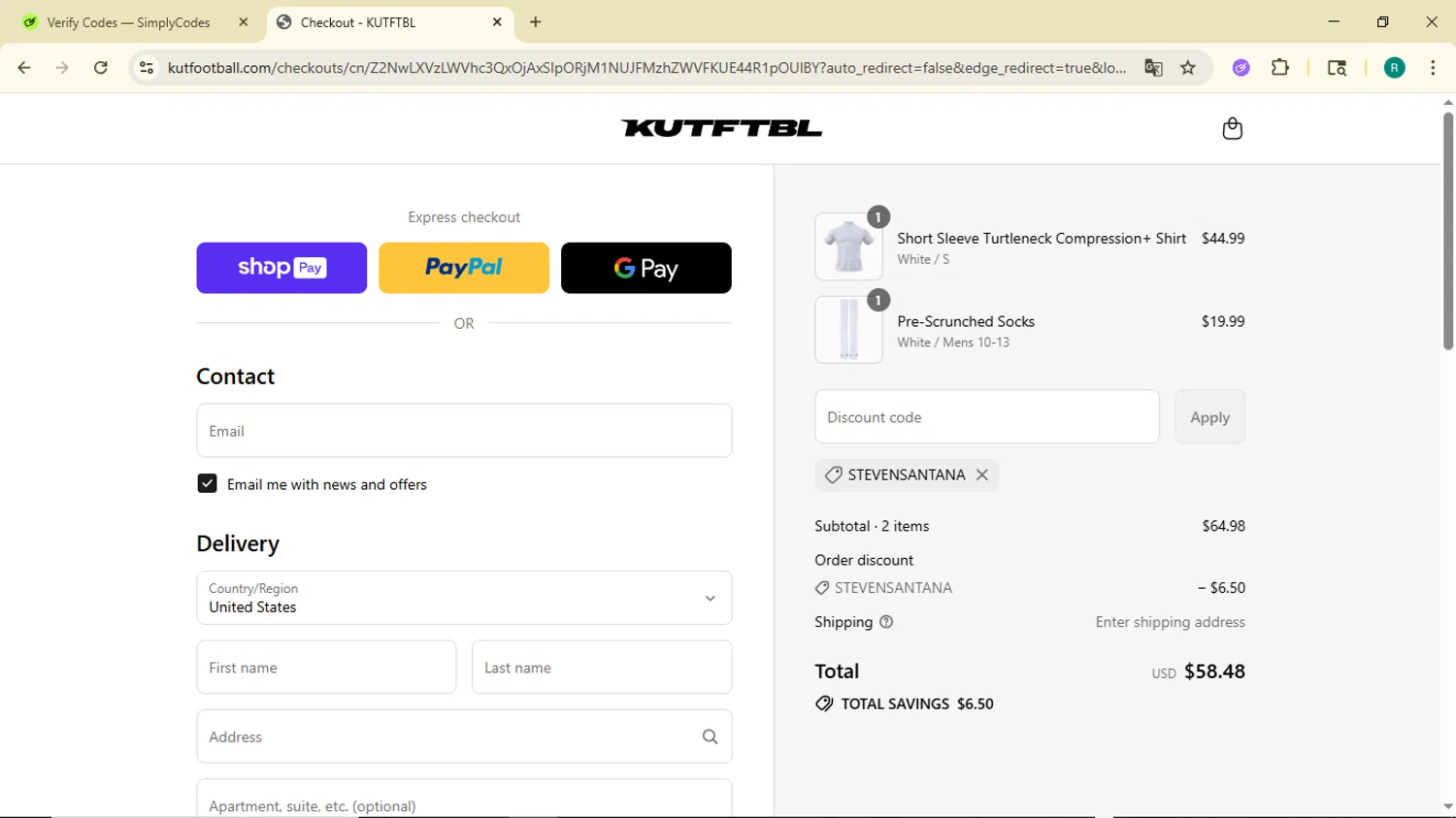 KUTFTBL promo code screenshot showing code STEVENSANTANA applied at KUTFTBL checkout page. Uploaded by SimplyCodes community member BargainMonarch6495 on Jul 11, 2025