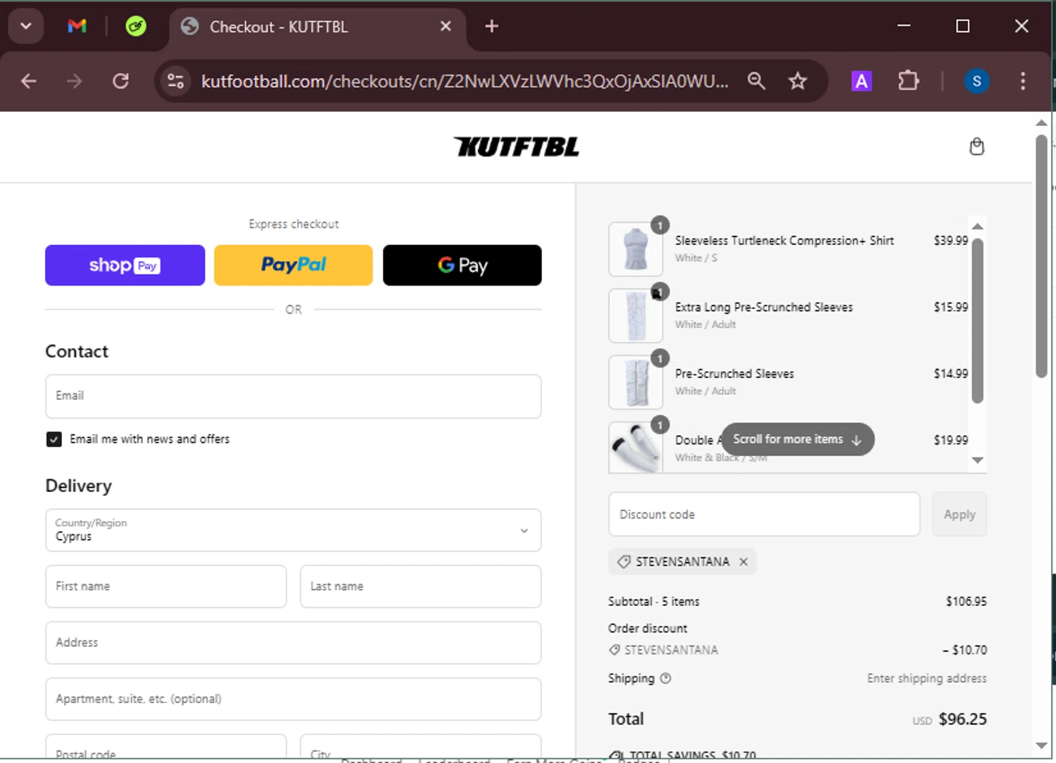 KUTFTBL promo code screenshot showing code STEVENSANTANA applied at KUTFTBL checkout page. Uploaded by SimplyCodes community member BrandoJose1 on Mar 12, 2025