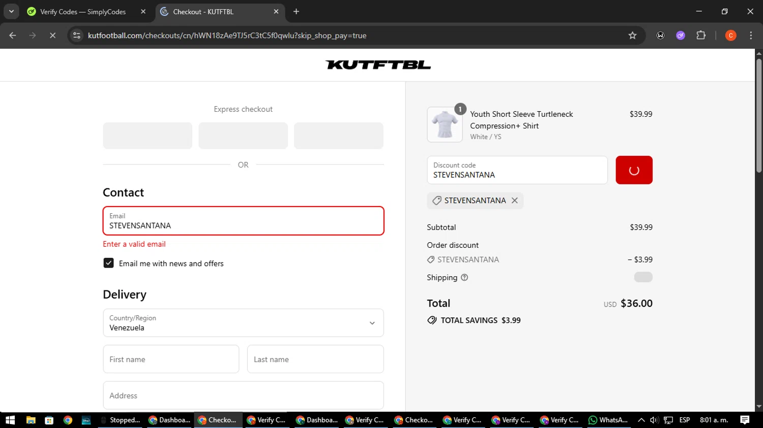 KUTFTBL promo code screenshot showing code STEVENSANTANA applied at KUTFTBL checkout page. Uploaded by SimplyCodes community member NatanaelCano on Jul 28, 2025