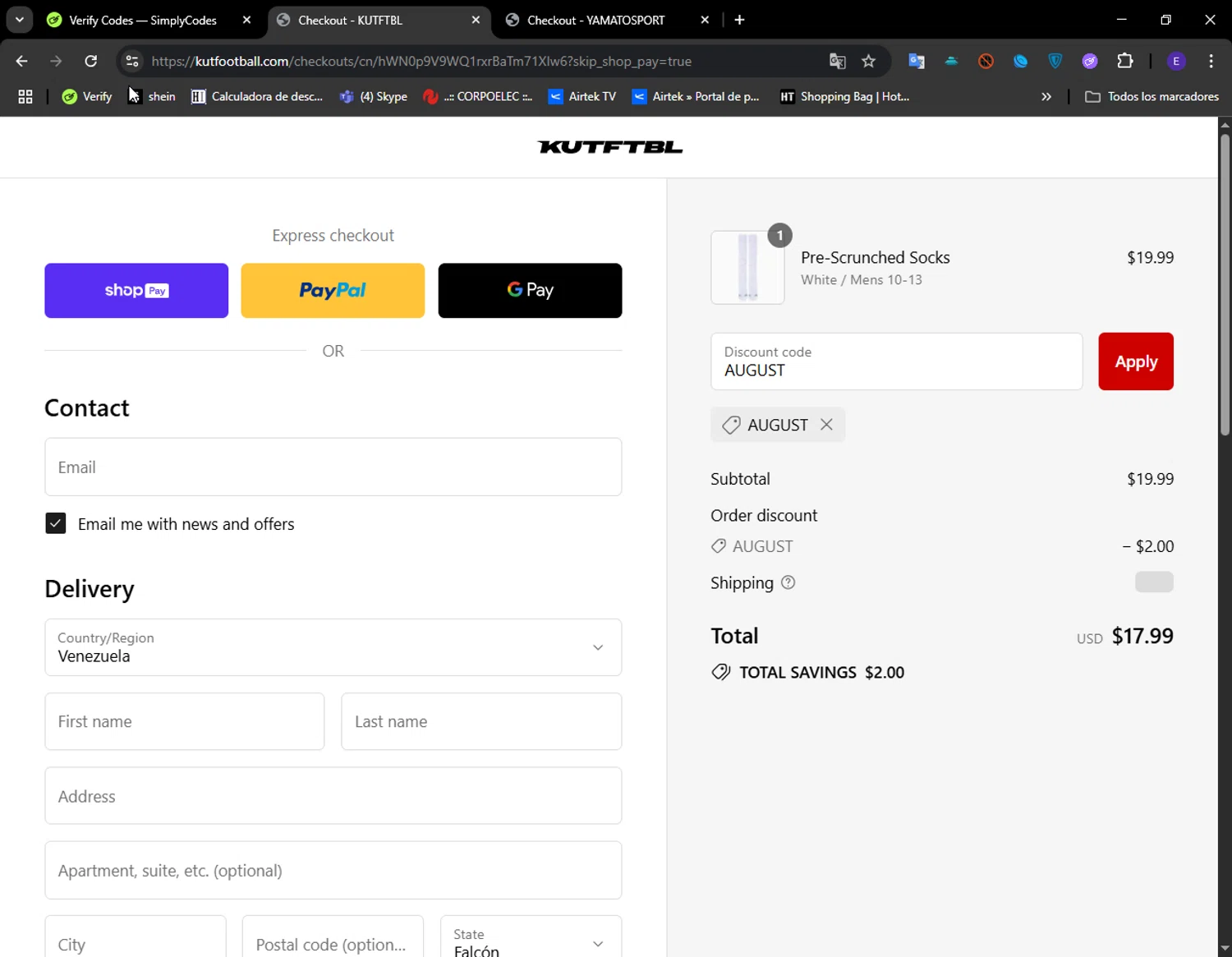 KUTFTBL promo code screenshot showing code AUGUST applied at KUTFTBL checkout page. Uploaded by SimplyCodes community member LuckyFinder274 on Jul 20, 2025