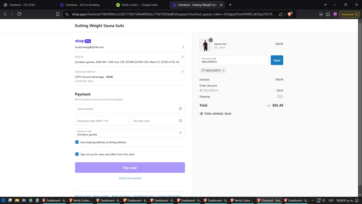 Kutting Weight discount code screenshot showing code WELCOME10 applied at Kutting Weight checkout page. Uploaded by SimplyCodes community member TreasureExpert3303 on Jan 15, 2025