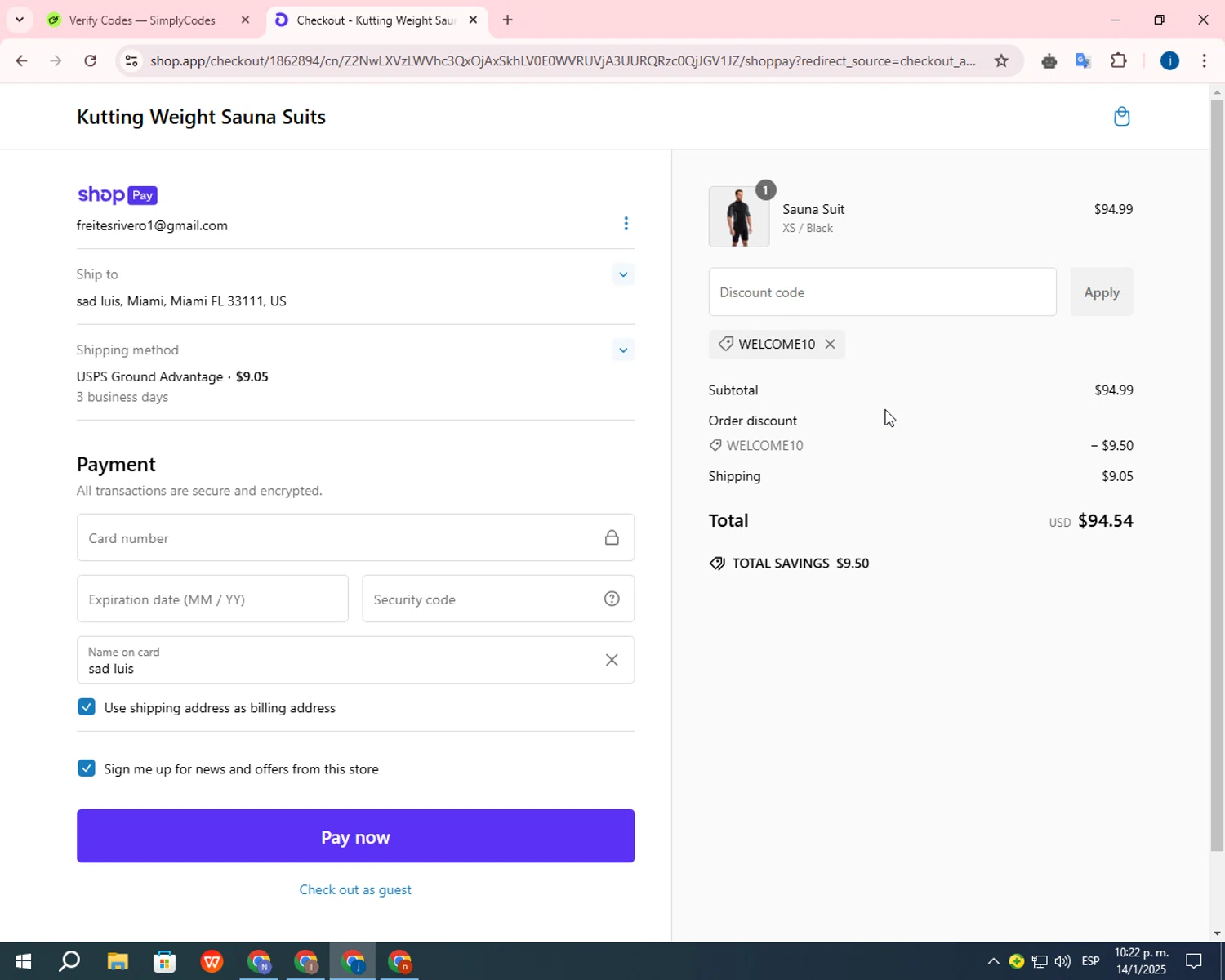 Kutting Weight discount code screenshot showing code WELCOME10 applied at Kutting Weight checkout page. Uploaded by SimplyCodes community member CashLegend3767 on Jan 15, 2025