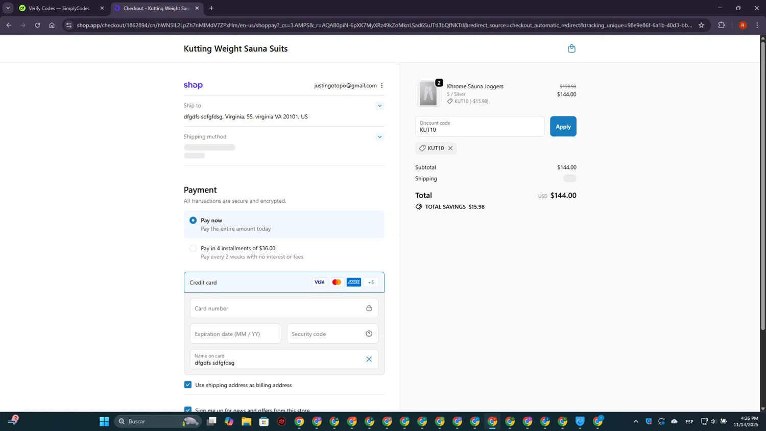Kutting Weight discount code screenshot showing code KUT10 applied at Kutting Weight checkout page. Uploaded by SimplyCodes community member MagnificentExpert2705 on Nov 14, 2025