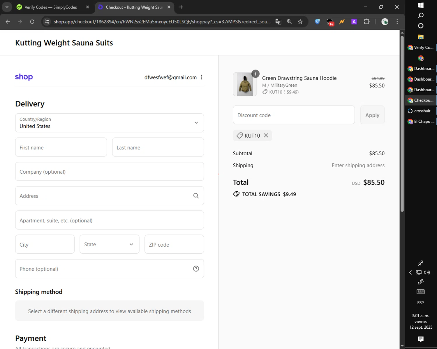 Kutting Weight discount code screenshot showing code KUT10 applied at Kutting Weight checkout page. Uploaded by SimplyCodes community member RebateCaptain6440 on Sep 12, 2025