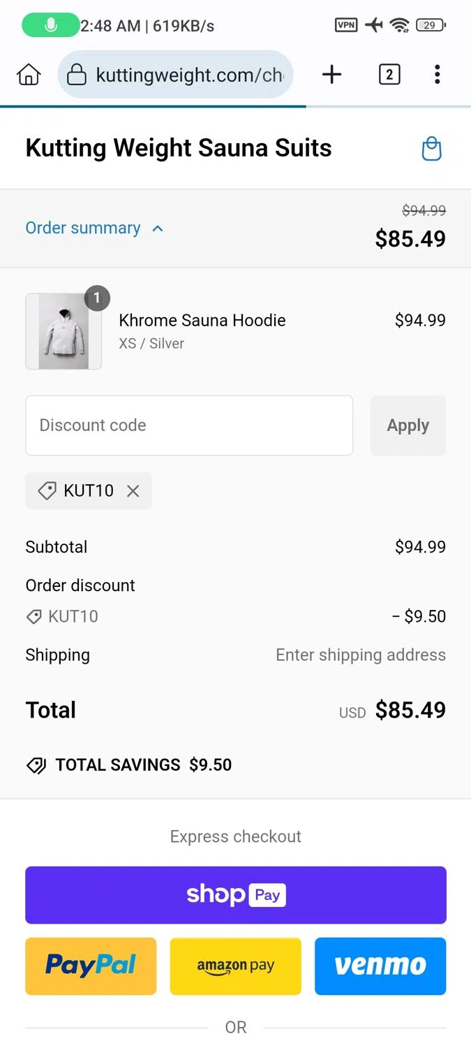 Kutting Weight discount code screenshot showing code KUT10 applied at Kutting Weight checkout page. Uploaded by SimplyCodes community member _____________ on Jan 10, 2025