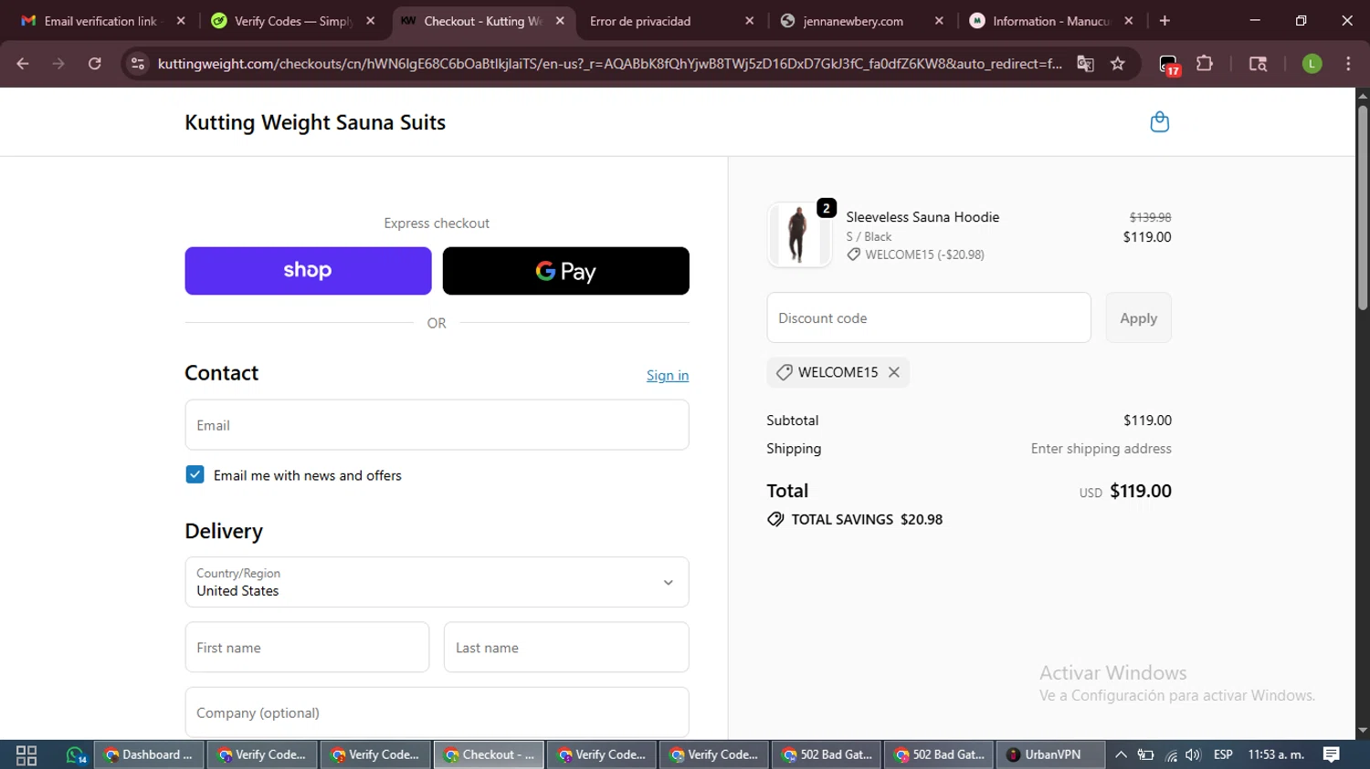 Kutting Weight discount code screenshot showing code WELCOME15 applied at Kutting Weight checkout page. Uploaded by SimplyCodes community member CleverFalcon7682 on Dec 23, 2025