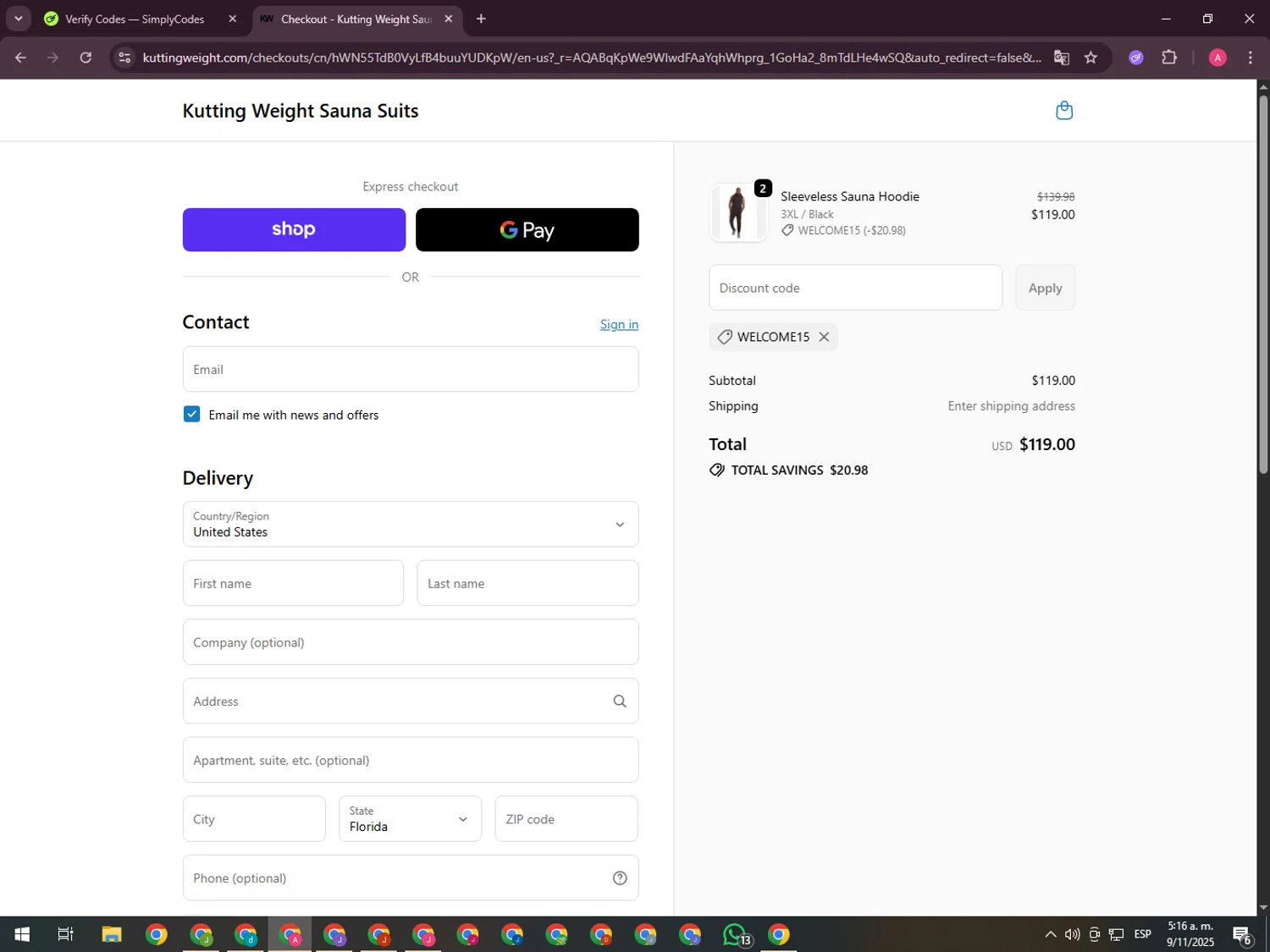 Kutting Weight discount code screenshot showing code WELCOME15 applied at Kutting Weight checkout page. Uploaded by SimplyCodes community member CrownHawk3462 on Nov 9, 2025