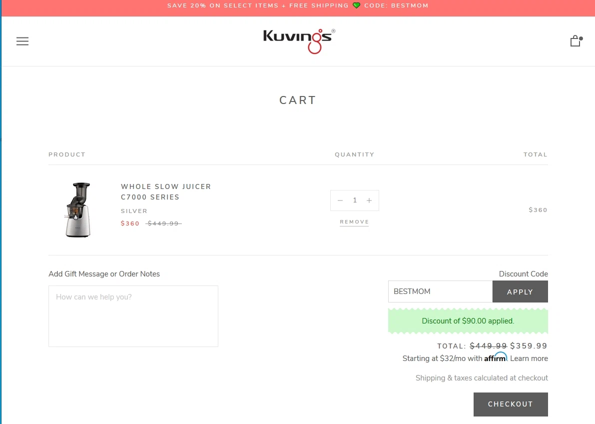 Kuvings checkout page showing Kuvings discount code box | Screenshot taken by SimplyCodes community member on May 11, 2020