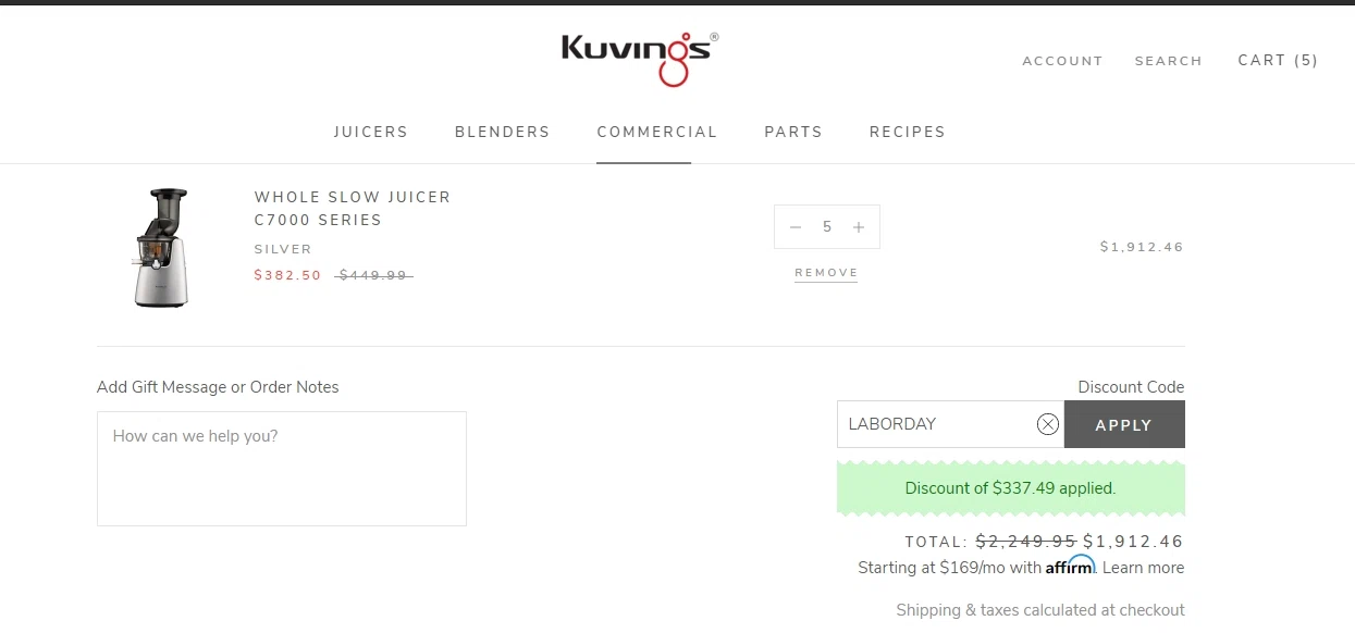 Kuvings checkout page showing Kuvings discount code box | Screenshot taken by SimplyCodes community member on Sep 5, 2020