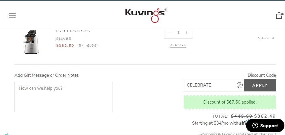 Kuvings checkout page showing Kuvings discount code box | Screenshot taken by SimplyCodes community member on Jul 4, 2020