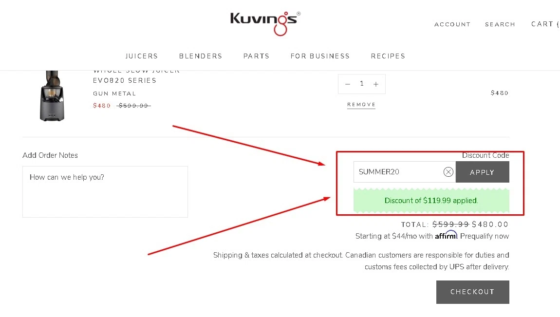 Kuvings checkout page showing Kuvings discount code box | Screenshot taken by SimplyCodes community member on Aug 14, 2021