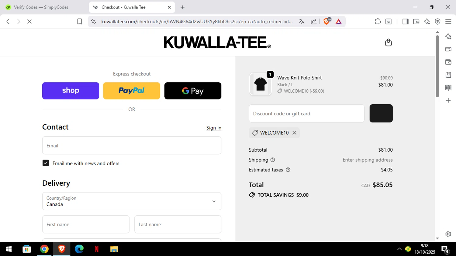Kuwalla Tee promo code screenshot showing code WELCOME10 applied at Kuwalla Tee checkout page. Uploaded by SimplyCodes community member ELYEYE on Oct 18, 2025