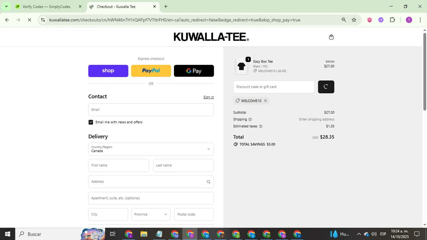 Kuwalla Tee promo code screenshot showing code WELCOME10 applied at Kuwalla Tee checkout page. Uploaded by SimplyCodes community member ThriftyCurator4085 on Oct 14, 2025