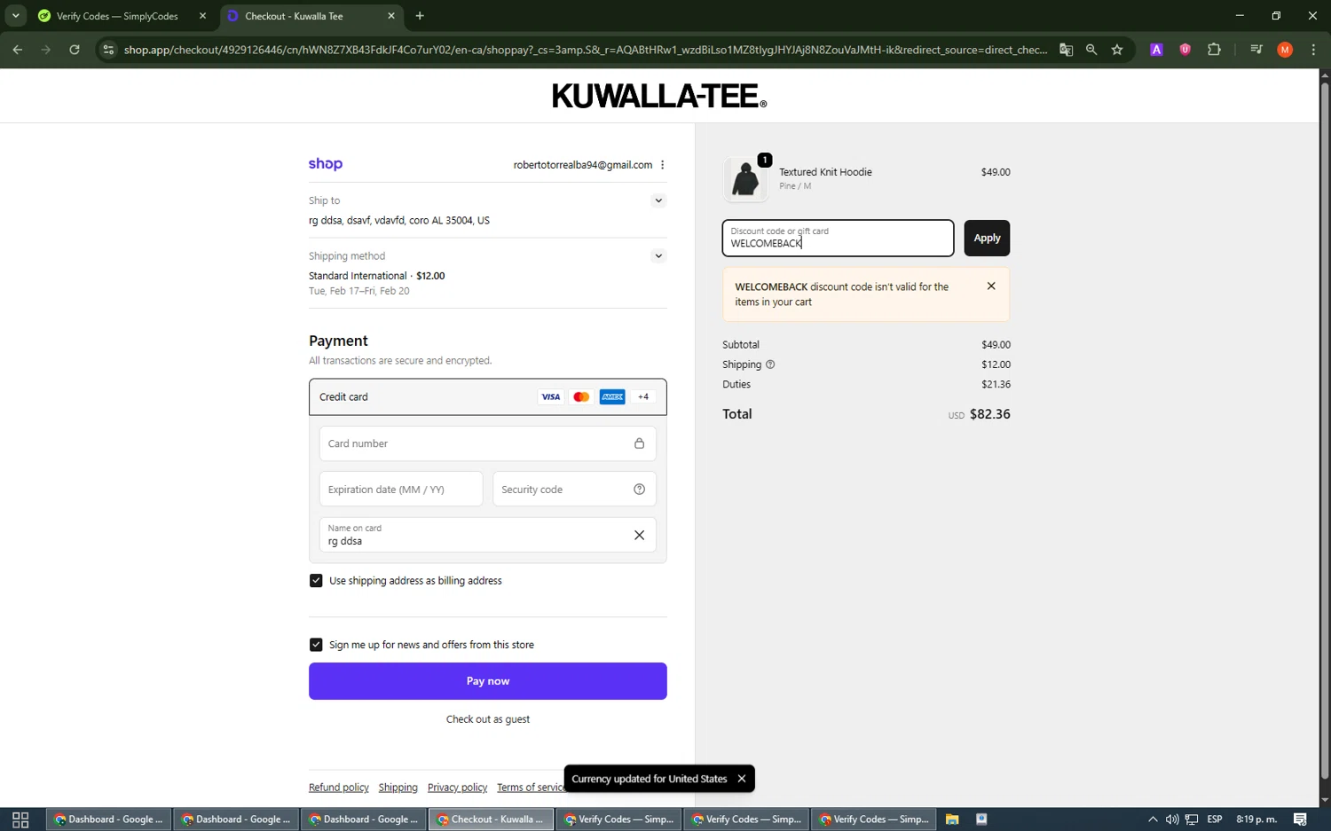 Kuwalla Tee checkout page showing Kuwalla Tee promo code box | Screenshot taken by SimplyCodes community member on Feb 9, 2026