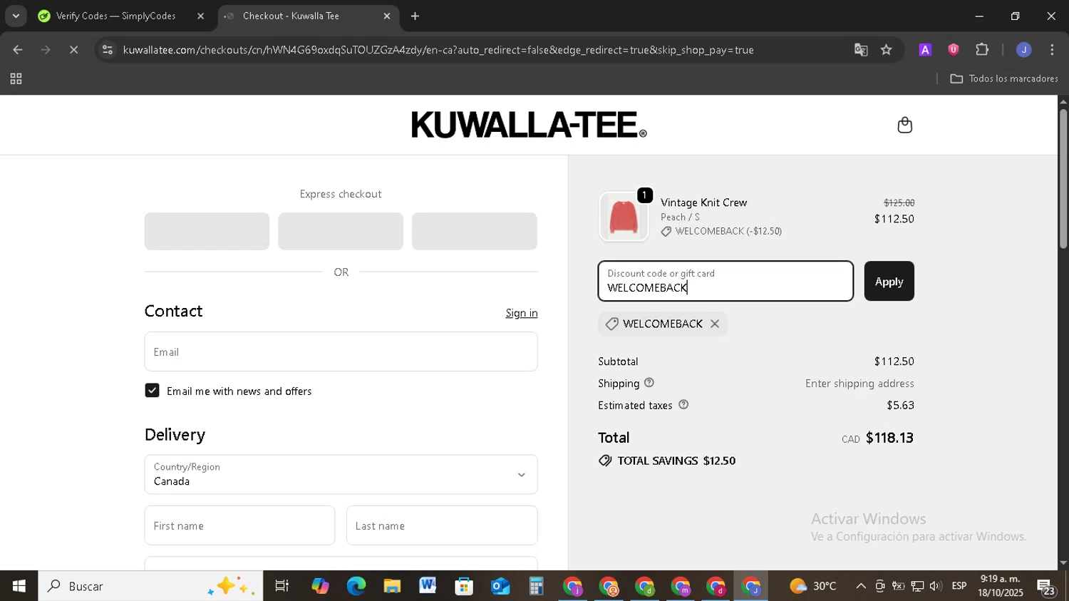 Kuwalla Tee promo code screenshot showing code WELCOMEBACK applied at Kuwalla Tee checkout page. Uploaded by SimplyCodes community member EpicSage3474 on Oct 18, 2025