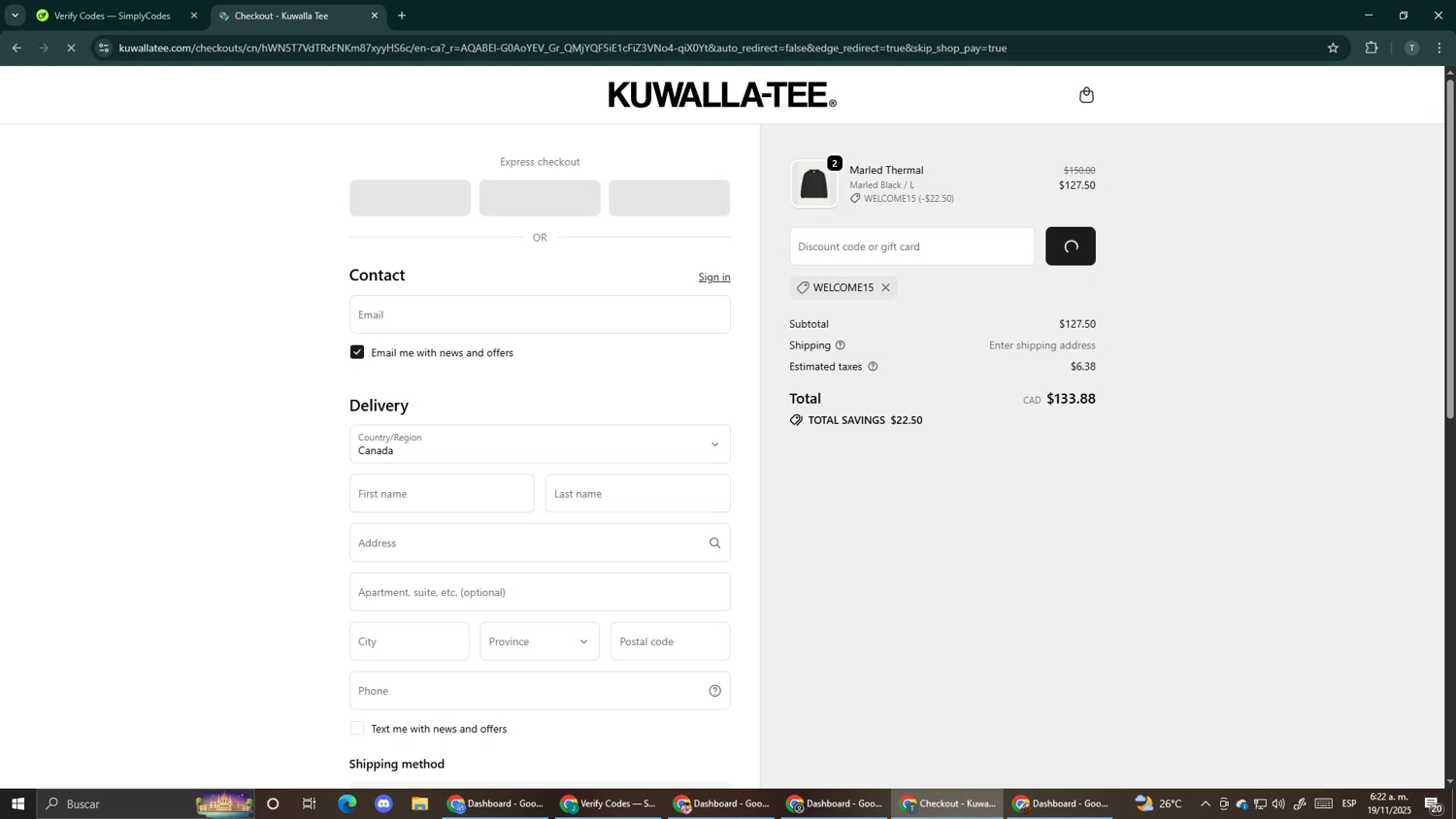 Kuwalla Tee promo code screenshot showing code WELCOME15 applied at Kuwalla Tee checkout page. Uploaded by SimplyCodes community member Makemusic on Nov 19, 2025