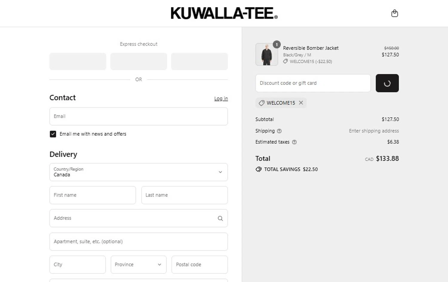 Kuwalla Tee promo code screenshot showing code WELCOME15 applied at Kuwalla Tee checkout page. Uploaded by SimplyCodes community member PennyScholar167 on Sep 3, 2025