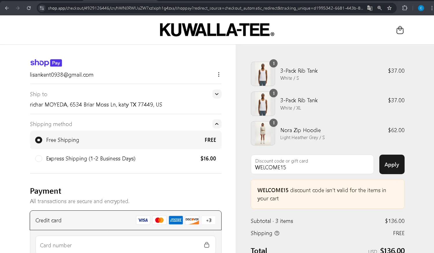Kuwalla Tee promo code screenshot showing code WELCOME15 applied at Kuwalla Tee checkout page. Uploaded by SimplyCodes community member PromoBoss9319 on Jul 10, 2025