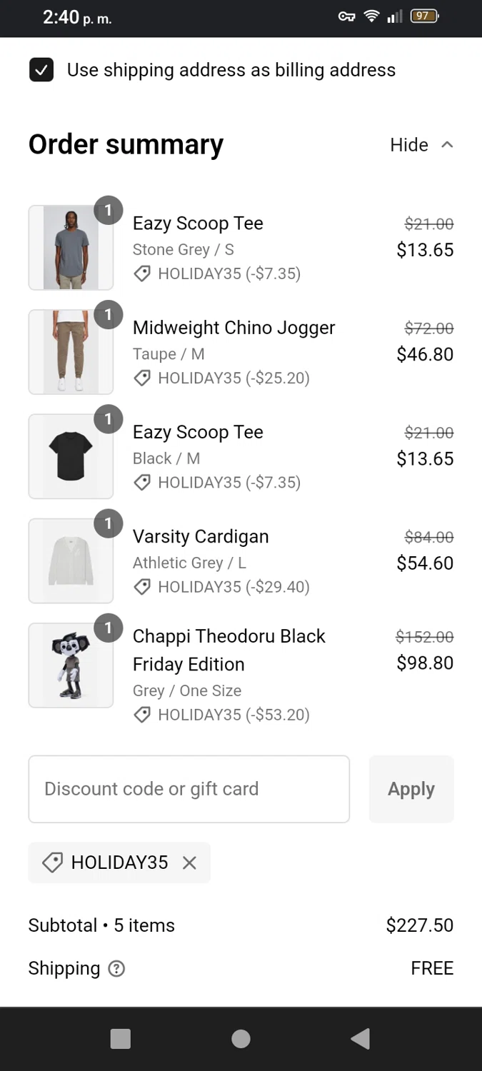 Kuwalla Tee promo code screenshot showing code Holiday35 applied at Kuwalla Tee checkout page. Uploaded by SimplyCodes community member Grace1girl on Dec 12, 2024