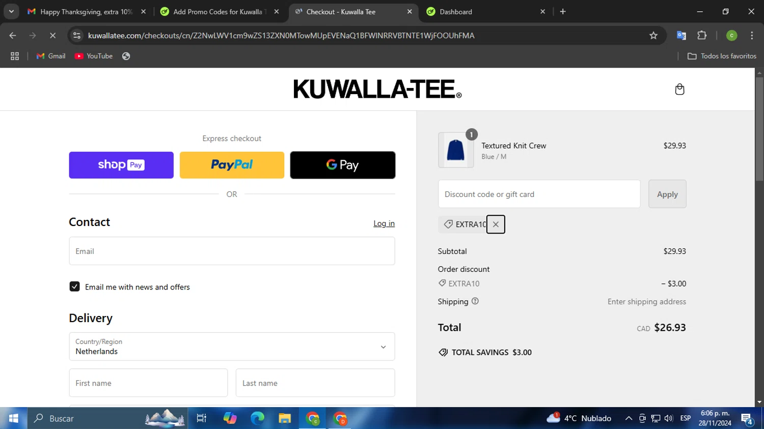 Kuwalla Tee promo code screenshot showing code EXTRA10 applied at Kuwalla Tee checkout page. Uploaded by SimplyCodes community member Mdeoca on Nov 28, 2024