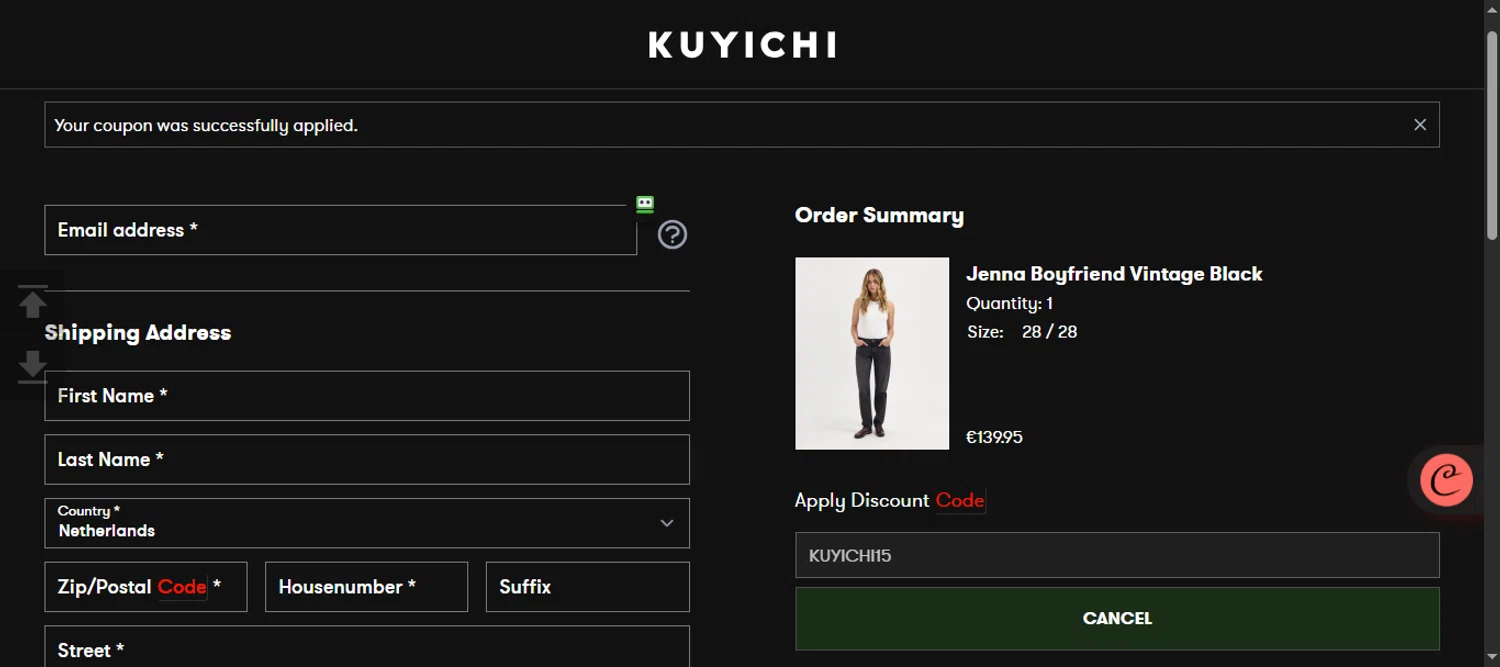 Kuyichi discount code screenshot showing code KUYICHI15 applied at Kuyichi checkout page. Uploaded by SimplyCodes community member 111111 on Sep 12, 2025