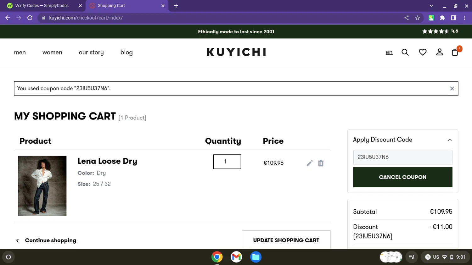 Kuyichi checkout page showing Kuyichi discount code box | Screenshot taken by SimplyCodes community member on Oct 31, 2024